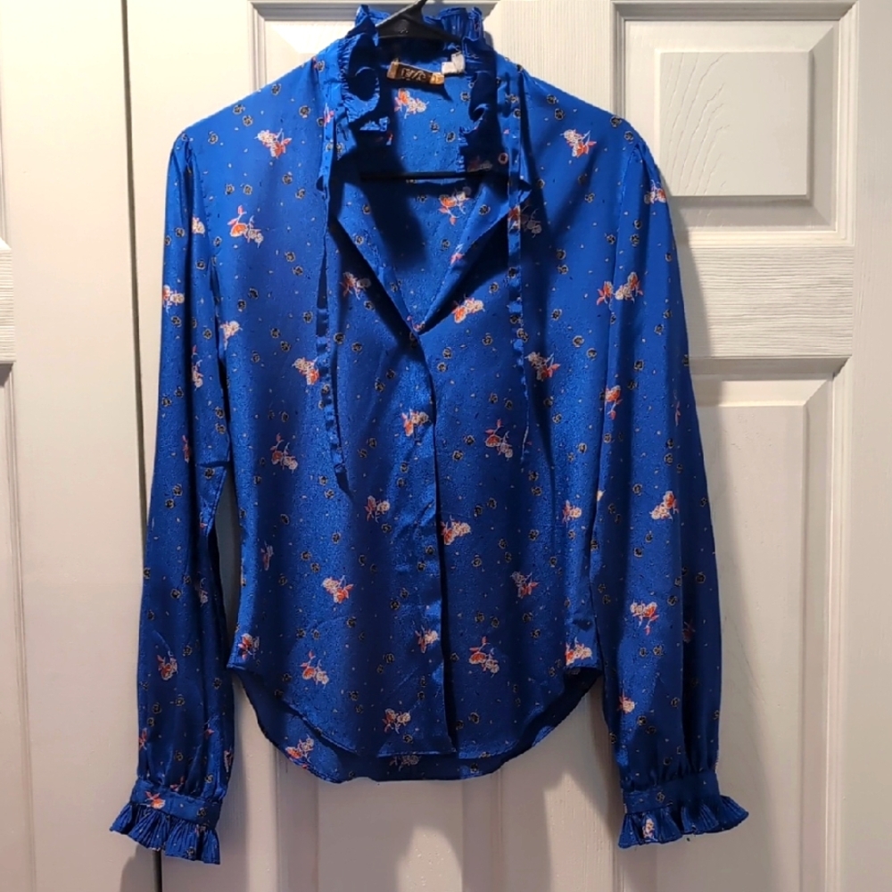 Vintage Blue Floral Ruffle Blouse